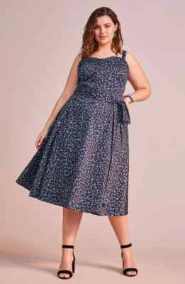 RACHEL ROY темно-синий цветочный печать на пуговицах поясом галстук подходит Расклешенный платье 18 Вт 2 X - Изображение 1 из 4