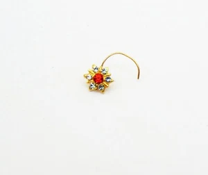 22K Gold Plated CZ Nose Stud Indian Screw Nose Ring Women's Gift Gold Nose Pin - Picture 1 of 3
