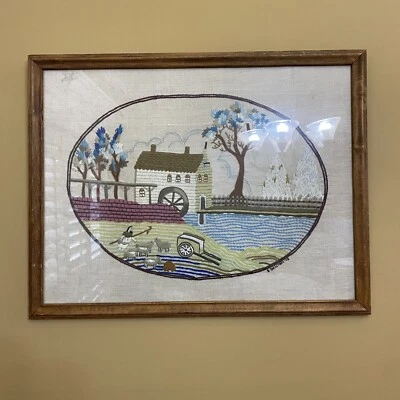 Vintage Crewel Needlework 70's Christ the Shepherd Sheepdog dog Big Folk Art - Image 1 of 4