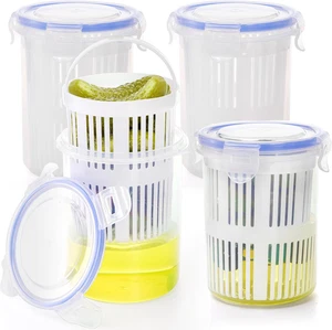 4 Pack Pickle Container with Strainer, 24 Oz Plastic Pickle Jar Holder Keeper Li - Picture 1 of 12