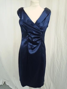 Connected Apparel Ladies Dress Size 10 Blue Satin Ruched Front Detail Collar - Picture 1 of 15