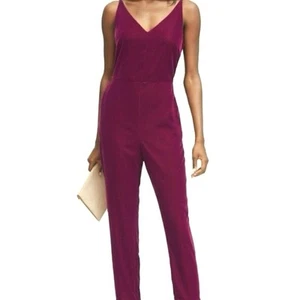 NEW BANANA REPUBLIC Sleeveless V Neck Velvet Jumpsuit w Pockets 14 Tall Burgundy - Picture 1 of 11