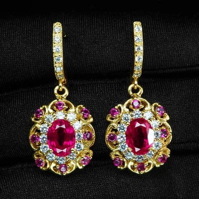 Hot Pink Rubellite Tourmaline Oval 3.30Ct 925 Sterling Silver 24K Gold Earrings - Image 1 of 4