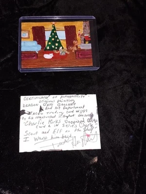 Charlie Kirks DOG Elf Shelf painting Christmas art TRADING CARD ACEO Trump Cat - Image 1 of 4