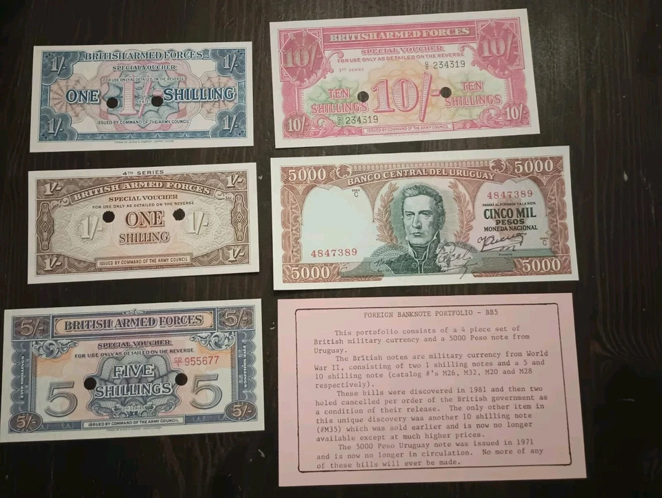 Moneda militar británica 2 agujeros cancelada + billete de 5000 pesos de Uruguay Foto 1 de 4