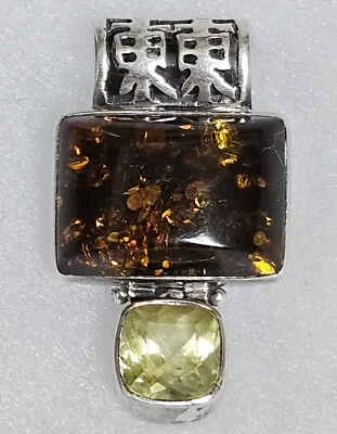 Vintage Lori Bonn 925 Sterling Silver PENDANT Amber cabochon peridot drop - Image 1 of 4