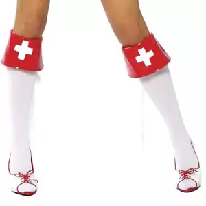 Retro Enfermera Bota Puños Toppers Cruz Con cordones Espalda Aspecto Húmedo Vinilo Disfraz 4007B - Imagen 1 de 3