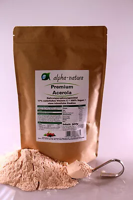 ALPHA-NATURA Acerola Polvo 2x500g - Vitamina C Natural min. 17% - Calidad de alimentos crudos - vegano