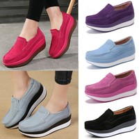 Women Large Size Rocker Sole Platform Shoes Wedge Suede Slip On Casual  