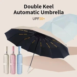 Extra Strength foldable 24 Rods Black Umbrella Fully Automatic Large UV Protect - Picture 1 of 20