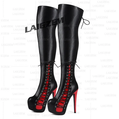 Mujeres Botas Sobre la Rodilla Plataforma Retazos Punta Redonda Delgadas Tacones Altos Cremallera Lateral Zapato Foto 1 de 4