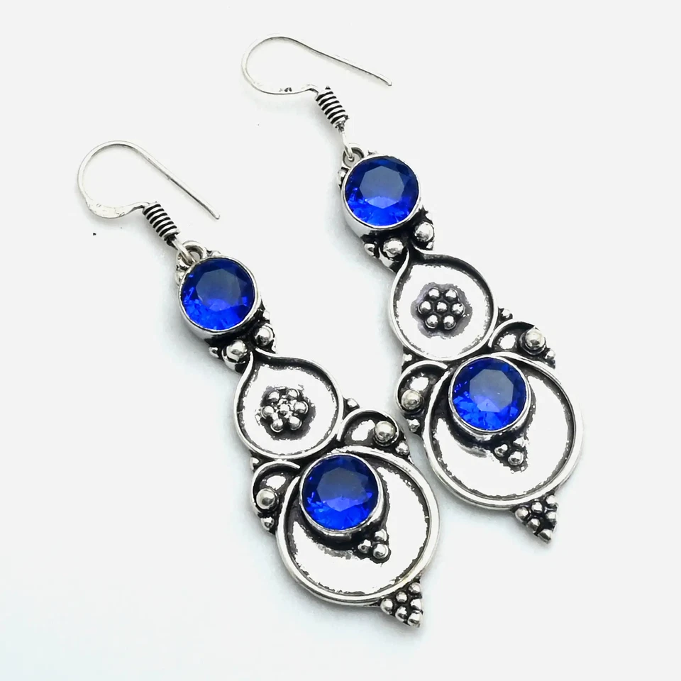 Brincos pendurados de gota feitos à mão de pedra preciosa de tanzanita joias para ela 2,2" AE-11437 - Imagem 1 de 1