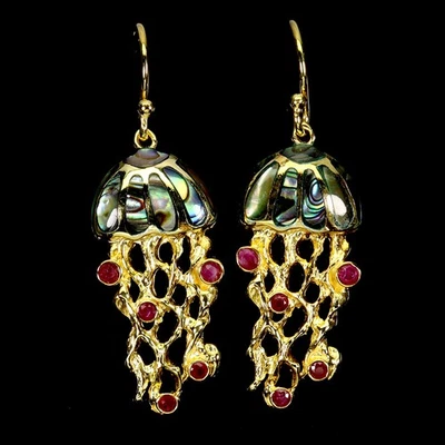 925 Sterling Silver Earrings Round Ruby Mop Jellyfish Gemstone Jewelry - Image 1 of 4