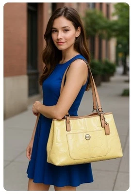 Coach Signature Shoulder Bag Yellow Patent Leather Embossed Purse F25487 - Image 1 of 4