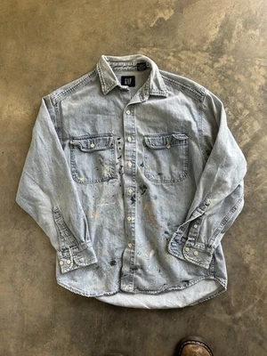 Camisa vaquera vintage años 90 Y2K Gap pintura salpicaduras para hombre S manga larga Foto 1 de 4