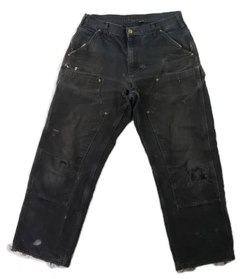 CARHARTT B136 USA Men's 33 x 29 Black Canvas Duck Double Knee Pants DISTRESSED - Image 1 of 4