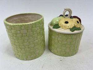 vintage Green porcelain canister basket weave design fruit daisy lid pear grape - Picture 1 of 6
