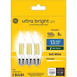GE Ultra Bright LED Light Bulbs 100W Soft White Candle Light Bulb ~ 3 Pack - Picture 1 of 5