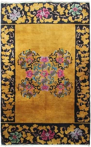 Gold Antique Art Deco Rug Antique Chinese Rug Walter Nichols Black 4x7 122x203cm - Picture 1 of 13