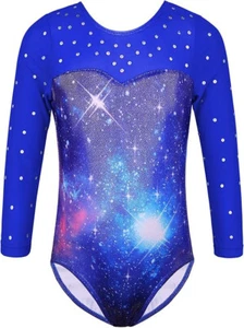Girls Blue Starburst Gymnastics Leotard Long Sleeve Dance Ballet Age 13 - Picture 1 of 6