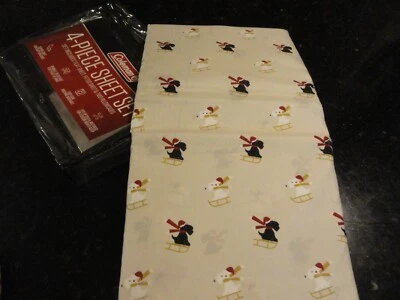 new FUN HOLIDAY 4 pc FULL  Sheet set Sled Riding Scottish Terrier DOGS winter - Image 1 of 4