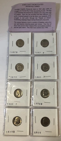 Lot of 8 Roosevelt Dimes Brilliant Uncirculated Protective Covers 10 Cent Coins Cover