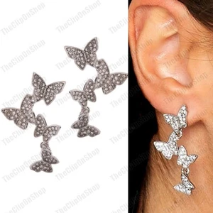 CLIP ON drop BUTTERFLY silver rhinestone CRYSTAL EARRINGS non-pierced ears UK - Picture 1 of 5