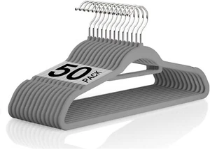 Velvet Hangers Non Slip Flocked Grey x 50 Heavy Duty With Trouser & Tie Bar - Picture 1 of 5