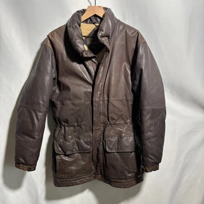 Vintage Eddie Bauer Brown Leather Goose Down Coat Jacket Mens M Zip Snap SEE - Image 1 of 4