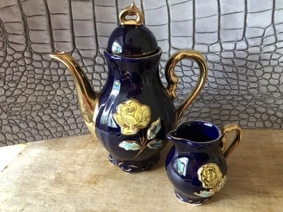 "Echt Kobalt"🌹Kaffeekännchen Mit Milchkännchen Rosenmotiv Blau-Gold-Türkis - Bild 1 von 4