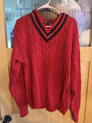 Suéter de críquete vintage polo Ralph Lauren malha cabo colarinho listrado vermelho/marinho masculino G - Imagem 1 de 4