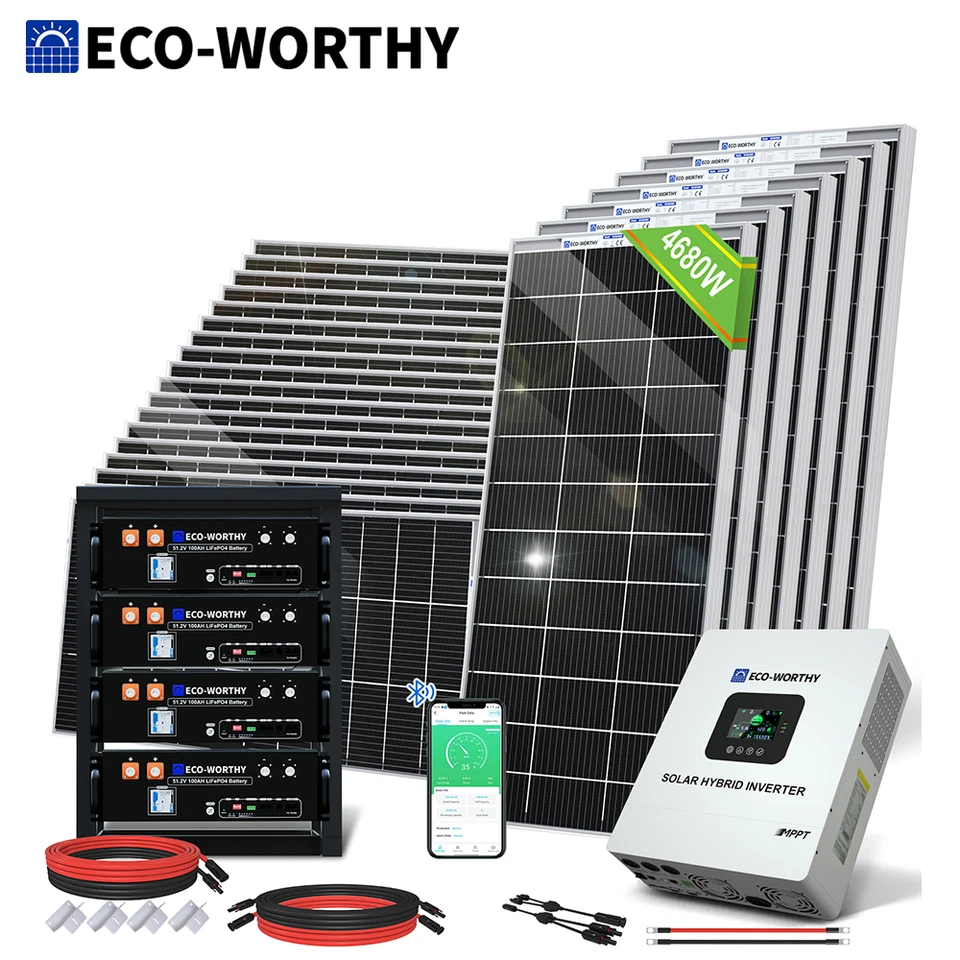 ECO-WORTHY 2KW 3KW 5KW Solar Panel Kit+5000W Inverter+48V 100Ah LiFePO4 Battery - Image 1 of 1