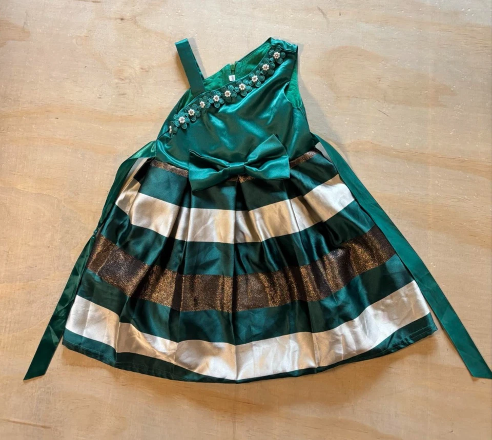 Vestido de fiesta navideña para niñas pequeñas - rayas verdes, doradas y blancas - talla 3T-4T Foto 1 de 4