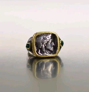 Herrenring (Größe 7) mit Silber-, Gold- und Smaragdsteinen - Bild 1 von 6