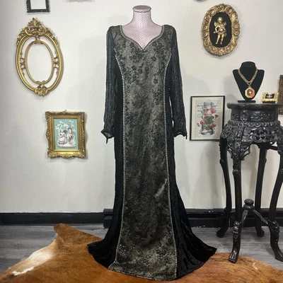 Vestido de terciopelo triturado medieval baronesa réplicas de museo - broca negro y dorado Foto 1 de 4