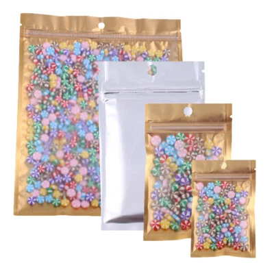 100 Matte Translucent & Gold Silver Mylar Flat Storage Bags with Round Hang Hole - Image 1 of 4