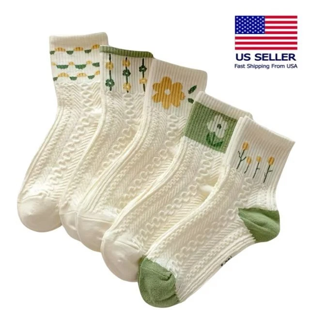 5 pares de calcetines florales estilo retro para mujer blancos y verdes amarillos con estampado de flores Foto 1 de 3