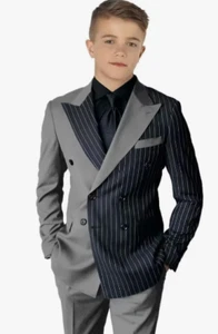 Striped Color Block Boy Suits Double Breasted Casual Kids Tuxedo Blazer and Pant - Picture 1 of 41