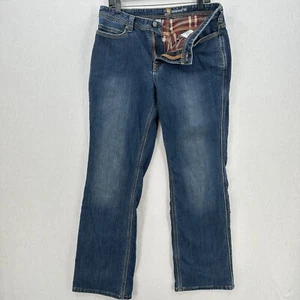 Carhartt Flannel Lined Jeans Women 12 Relaxed Fit Straight Blue Denim Plaid Work - Picture 1 of 12