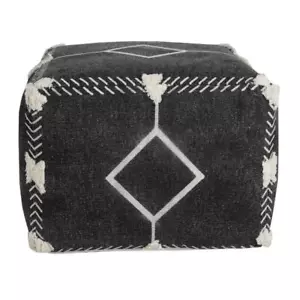 LR Home Pouf Ottoman 14" x 18" Cotton Upholstery Square Imported Black/White - Picture 1 of 8