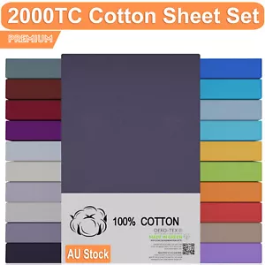 100% 2000TC Egyptian Cotton Sheet Set Bed Flat Fitted Single/Double/Queen/King - Picture 1 of 24