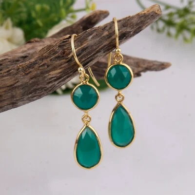 Модные женские серьги-висячие серьги с двойным драгоценным камнем зеленым ониксом позолота 18 карат - Изображение 1 из 4