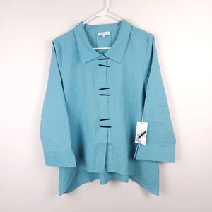 Habitat Top Womens Medium Sea Glass Chopstick Button Up Collared Rayon Polyester - Picture 1 of 12