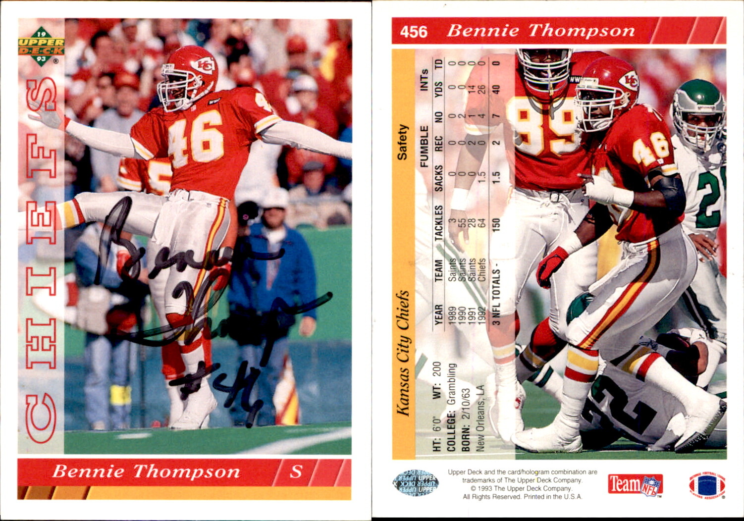 Bennie Thompson Signed 1993 Upper Deck Kansas City Chiefs #KC4 Card Auto