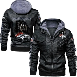 Denver Broncos Hooded Leather Bomber Jacket, NFL Fan Style with Patches - Picture 1 of 4