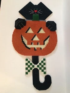 Vintage Handmade Plastic Canvas Halloween Pumpkin Cat Door Wall Decor 26” - Picture 1 of 4