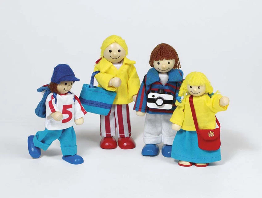 Biegepuppen URLAUBER-FAMILIE Holz 4 teilig Urlaub Urlauber Ferien Holzpuppen NEU - Bild 1 von 1
