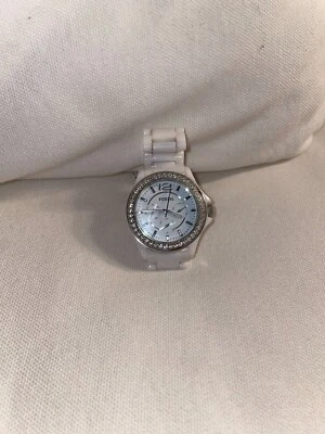 FOSSIL CERAMIC BRACELET CE 1010 RILEY WHITE PEARL SWAROVSKI CRYSTAL BEZEL - Image 1 of 4