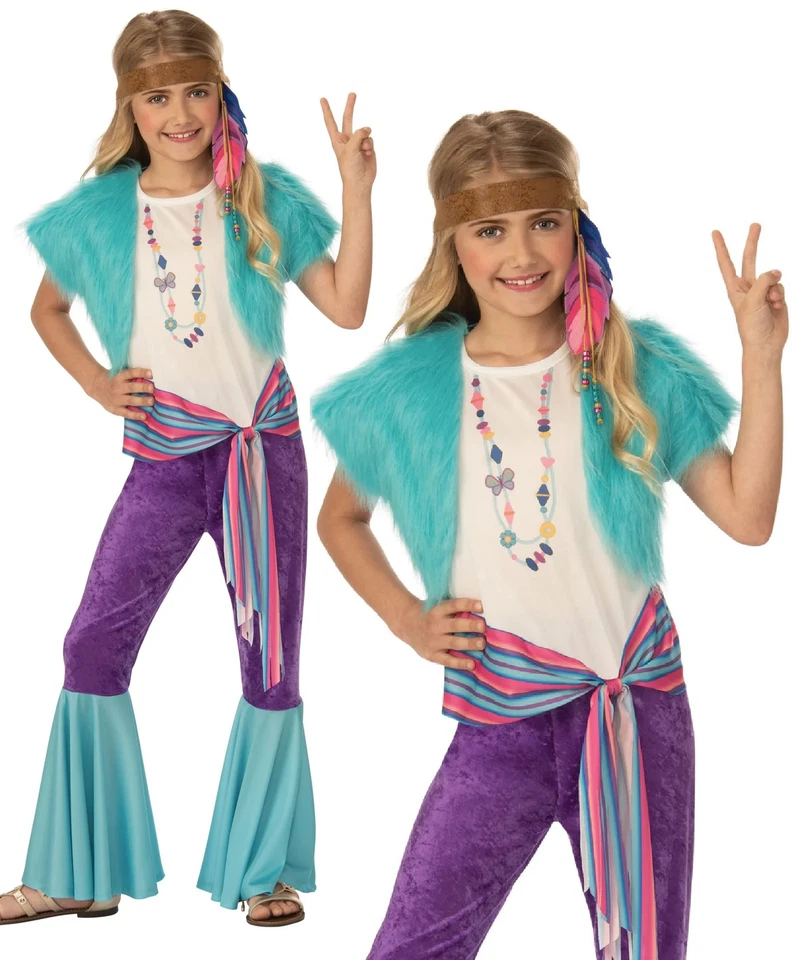 Disfraz Hippie Niña Años 70 60 Niñas Hippy Vestido Elegante Niños Conjunto Retro Foto 1 de 1