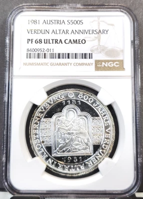 1981 AUSTRIA SILVER 500 SCHILLING VERDUN ALTAR ANNIV NGC PF 68 ULTRA CAMEO RARE - Image 1 of 3